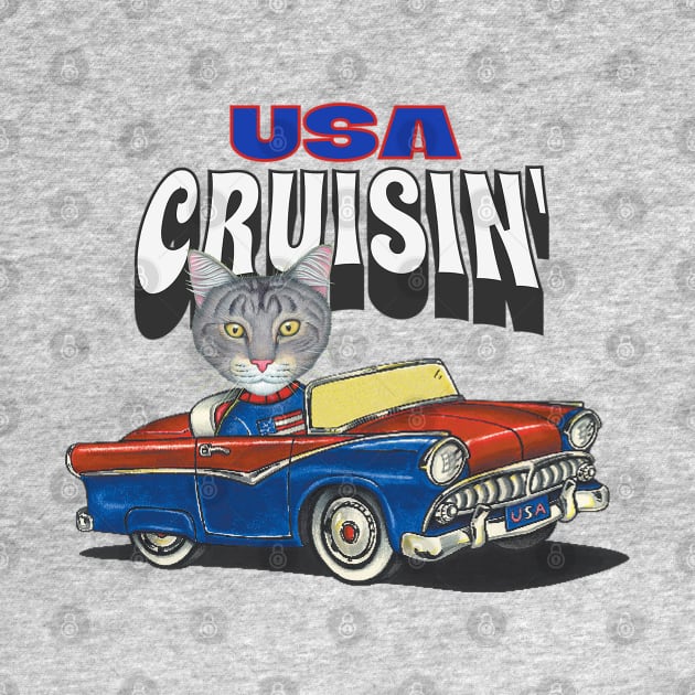 Humorous funny and cute gray tabby kitty cat cruisin' the USA with a vintage classic retro car tee by Danny Gordon Art